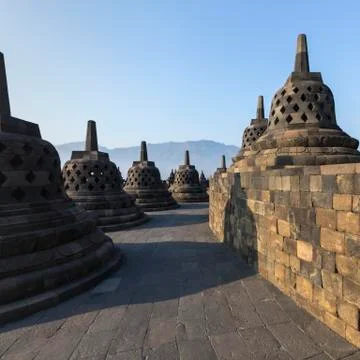 Borobudur temple complex on the island of Java in Indonesia in the morning at Stock-Fotos