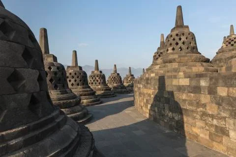 Borobudur temple complex on the island of Java in Indonesia in the morning at Stock Photos