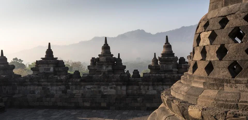 Borobudur temple complex on the island of Java in Indonesia in the morning at Stock-Fotos