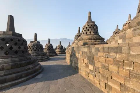 Borobudur temple complex on the island of Java in Indonesia in the morning at Stock-Fotos