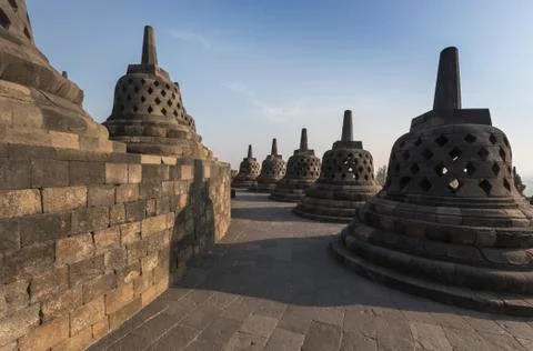 Borobudur temple complex on the island of Java in Indonesia in the morning at Fotos de archivo