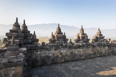 Borobudur temple complex on the island of Java in Indonesia in the morning at Fotos Stock
