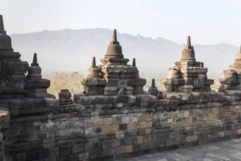 Borobudur temple complex on the island of Java in Indonesia in the morning at Stock-Fotos