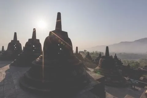 Borobudur temple complex on the island of Java in Indonesia in the morning at Fotos de archivo