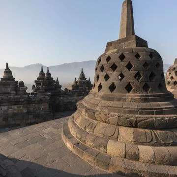 Borobudur temple complex on the island of Java in Indonesia in the morning at Stock-Fotos