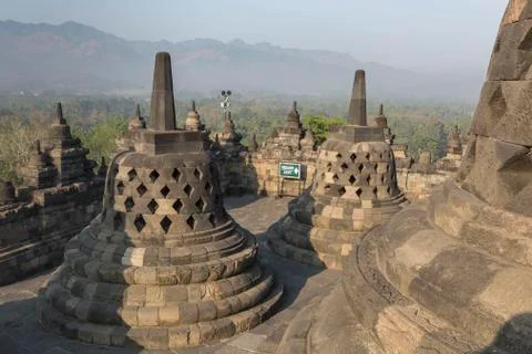 Borobudur temple complex on the island of Java in Indonesia in the morning at Stock-Fotos