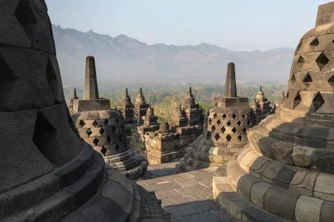 Borobudur temple complex on the island of Java in Indonesia in the morning at Fotos de archivo