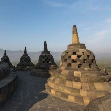 Borobudur temple complex on the island of Java in Indonesia in the morning at Stock-Fotos