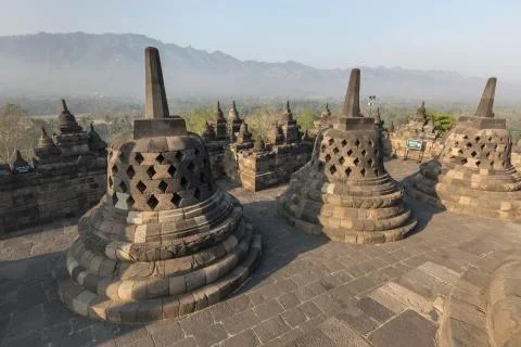 Borobudur temple complex on the island of Java in Indonesia in the morning at Stock-Fotos