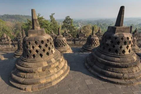 Borobudur temple complex on the island of Java in Indonesia in the morning at Stock-Fotos
