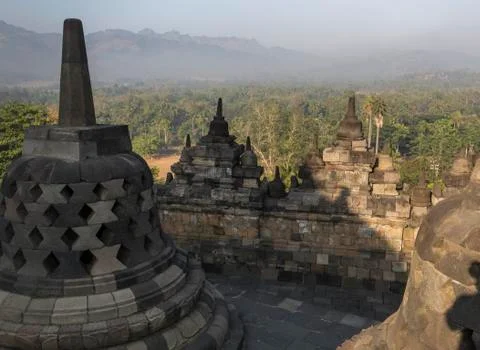 Borobudur temple complex on the island of Java in Indonesia in the morning at Fotos Stock