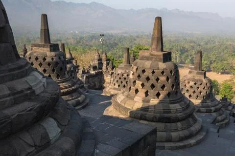 Borobudur temple complex on the island of Java in Indonesia in the morning at Stock-Fotos