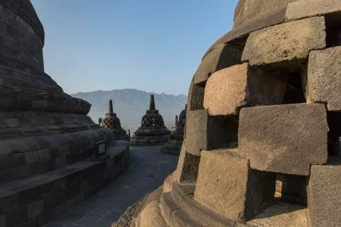 Borobudur temple complex on the island of Java in Indonesia in the morning at Stock Photos