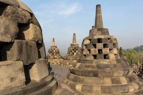 Borobudur temple complex on the island of Java in Indonesia in the morning at Fotos de archivo