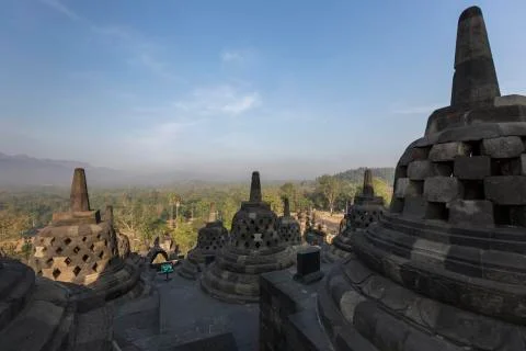 Borobudur temple complex on the island of Java in Indonesia in the morning at Fotos de archivo