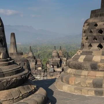Borobudur temple complex on the island of Java in Indonesia in the morning at Fotos de archivo