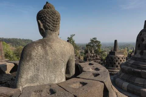 Borobudur temple complex on the island of Java in Indonesia in the morning at Fotos de archivo