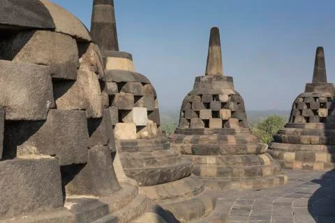 Borobudur temple complex on the island of Java in Indonesia in the morning at Fotos de archivo