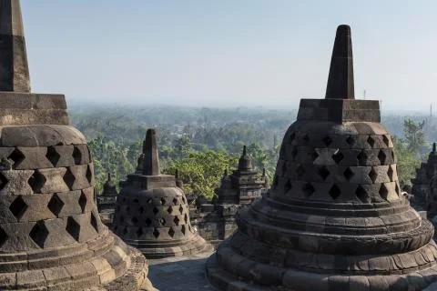 Borobudur temple complex on the island of Java in Indonesia in the morning at Stock-Fotos
