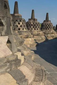 Borobudur temple complex on the island of Java in Indonesia in the morning at Fotos de archivo