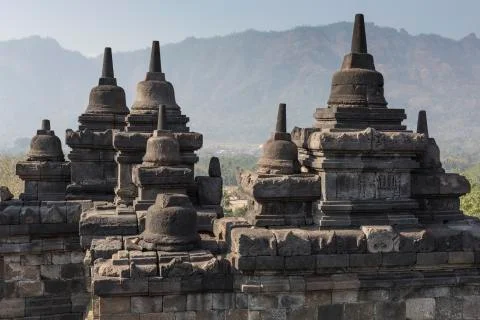 Borobudur temple complex on the island of Java in Indonesia in the morning at Fotos de archivo