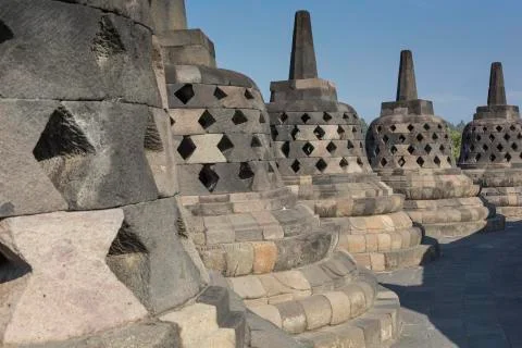 Borobudur temple complex on the island of Java in Indonesia in the morning at Fotos de archivo