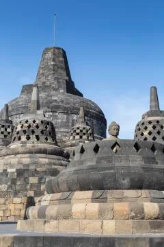 Borobudur temple complex on the island of Java in Indonesia in the morning at Stock Photos