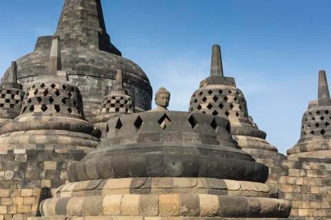 Borobudur temple complex on the island of Java in Indonesia in the morning at Stock-Fotos