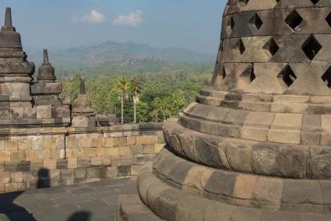 Borobudur temple complex on the island of Java in Indonesia in the morning at Fotos de archivo