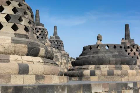 Borobudur temple complex on the island of Java in Indonesia in the morning at Fotos de archivo