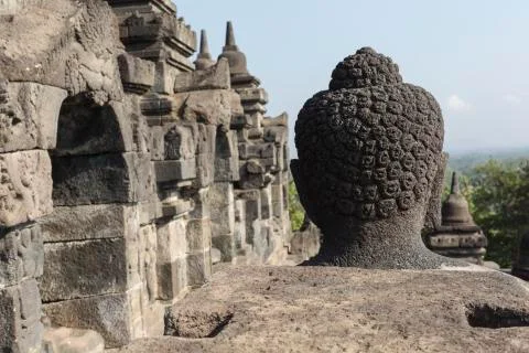 Borobudur temple complex on the island of Java in Indonesia in the morning at Fotos de archivo