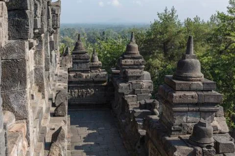 Borobudur temple complex on the island of Java in Indonesia in the morning at Fotos de archivo