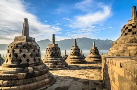 Borobudur temple complex on the island of Java in Indonesia in the morning... Fotos Stock