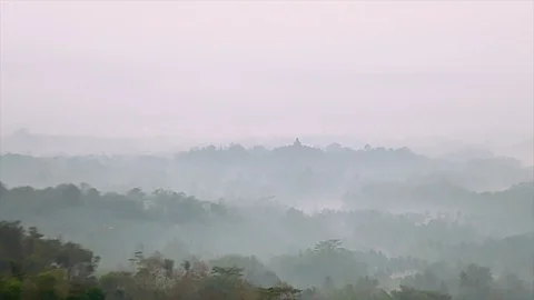 Borobudur temple in the jungle during sunrise, Java, Indonesia Stock Footage