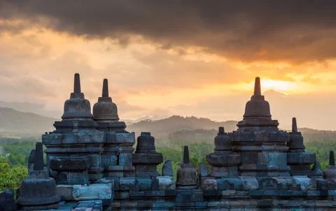 Borobudur temple at sunrise, java, indonesia Fotos de archivo