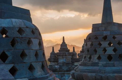 Borobudur temple at sunrise, java, indonesia Stock Photos