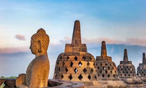 Borobudur temple at sunrise, Java, Indonesia Stock Photos