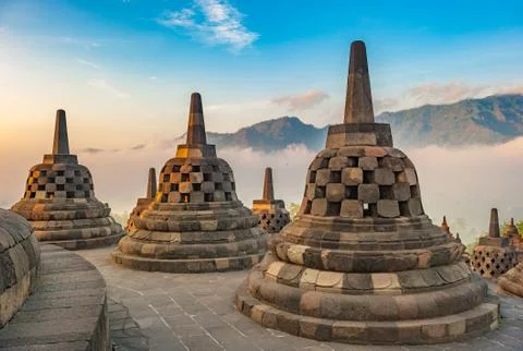 Borobudur temple at sunrise, Java, Indonesia Stock Photos