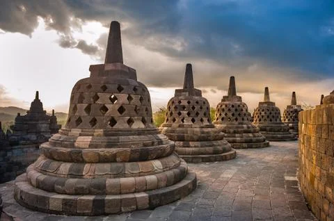 Borobudur temple at sunrise, Java, Indonesia Stock Photos