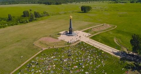 Borodino area and the main monument to Russian soldiers Borodino, Russia. Aerial Stock Footage 104497053