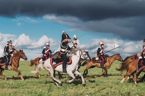 Borodino field,4 September 2021:Borodino battle historical reenactment 1812. Stock Photos