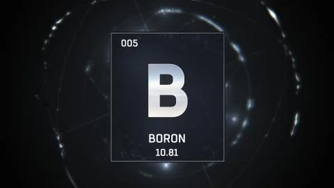 Boron as Element 5 of the Periodic Table 3D animation on silver background Stock Illustration