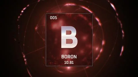 Boron as Element 5 of the Periodic Table 3D animation on red background Stock-Illustration