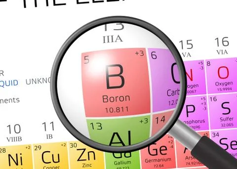 Boron from Periodic Table of the Elements with magnifying glass 스톡 일러스트