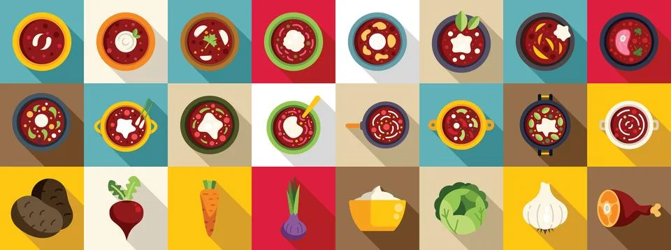 Borsch flat vector icons. A collection of food items in various shapes and sizes Stock Illustration