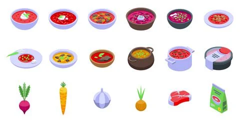 Borsch icons set isometric vector. Beet food Stock Illustration