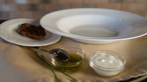 Borsch.The process of pouring traditional Russian borscht soup into a clean Stock Footage 123655893