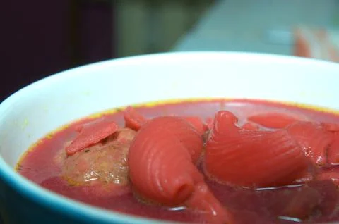 Borsch red with spaghetti 스톡 사진