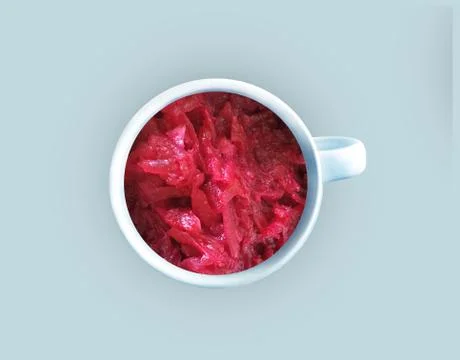 Borsch in white cup. Creative idea Stock Photos