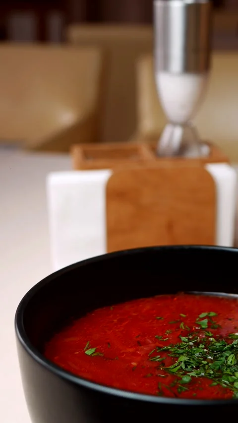 Borscht, Beetroot soup, red borscht. red soup with vegetables, meat and spices Stock Footage 308743539